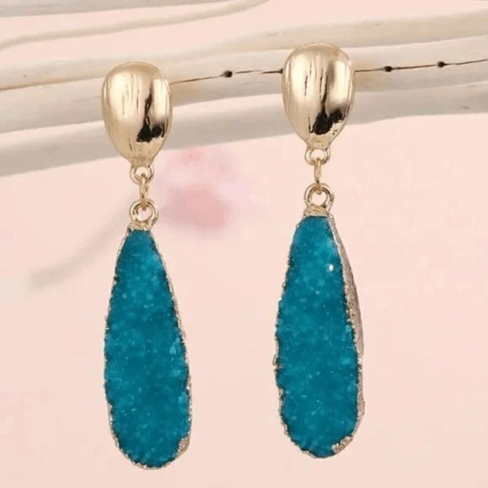 Ladies Blue Gold Dangle Faux Fashion Earrings - Picture 2 of 5